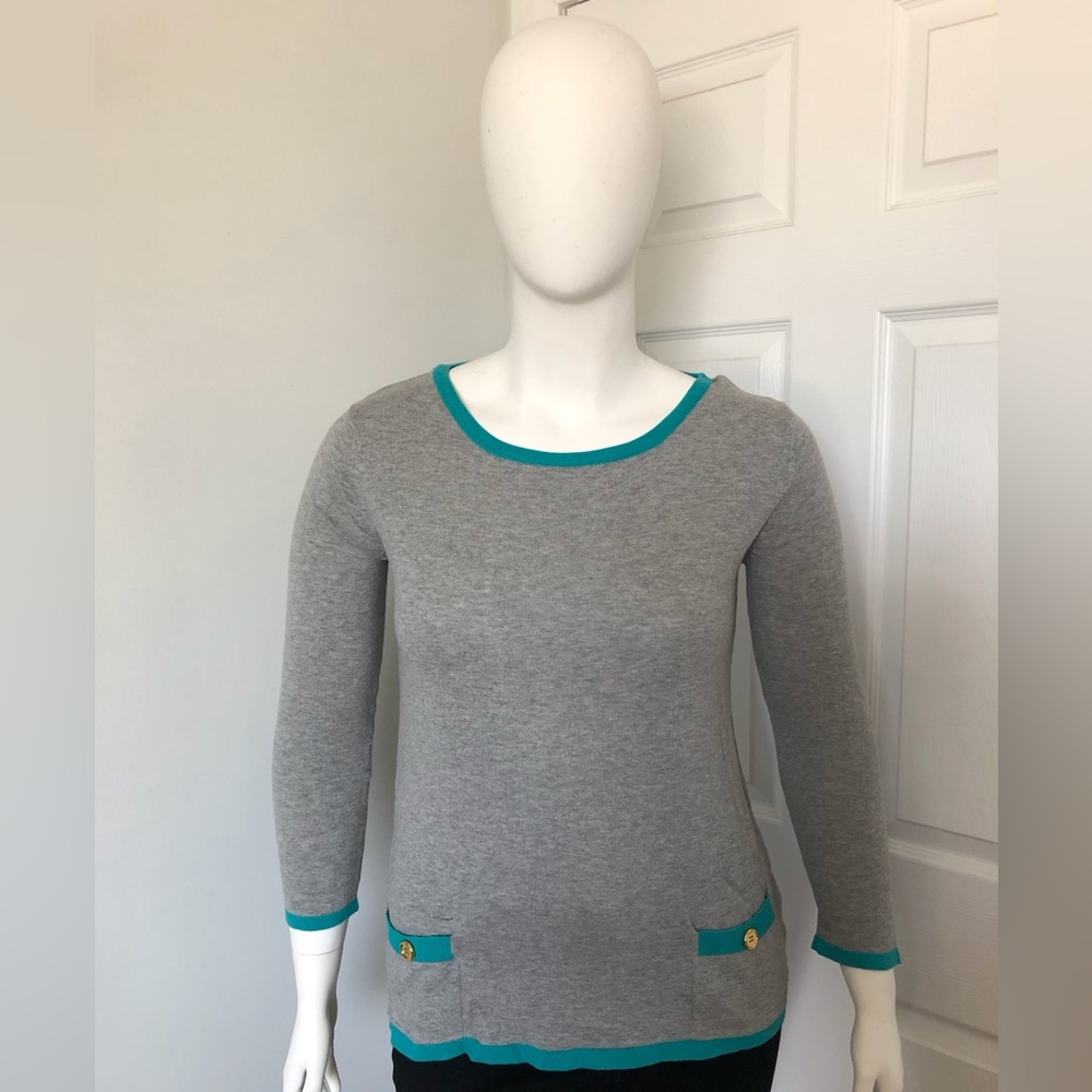 Zenobia Gray and Teal Long Sleeve Sweater Top with Pockets